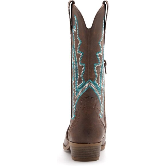⚡Girls Kids Brown Western Boots Embroidered Cowgirl Mid Calf Riding Shoes - Picture 4 of 7